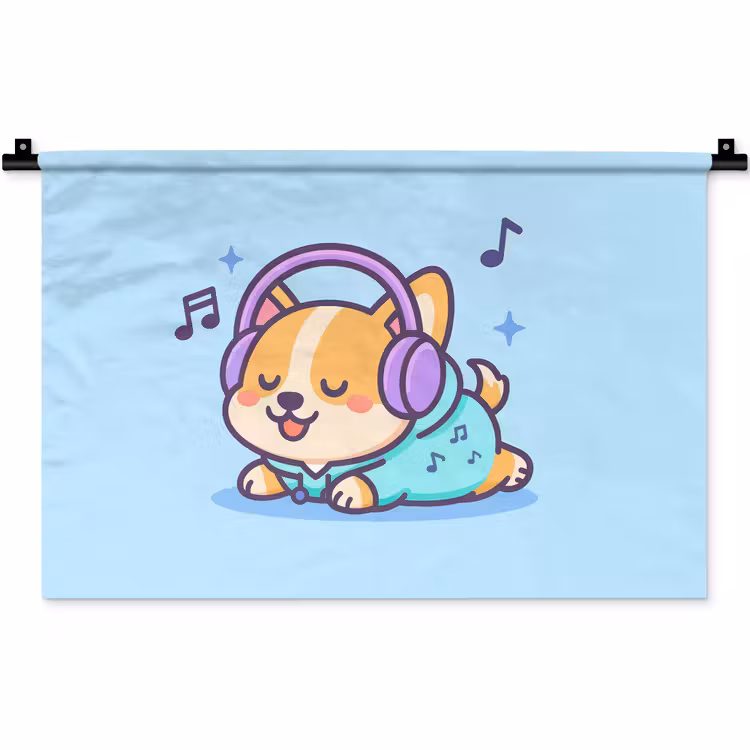 Wandkleed - Corgi - Koptelefoon - Blauw - Muzieknoten — 1