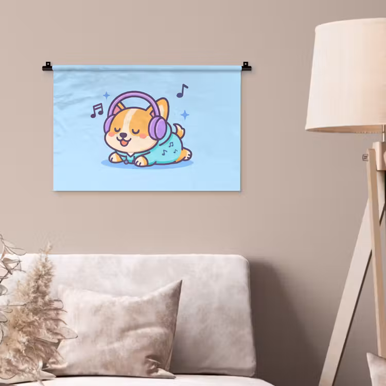 Wandkleed - Corgi - Koptelefoon - Blauw - Muzieknoten — 2