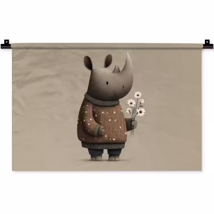 Wandkleed - Neushoorn - Witte bloemen - Lief — 1