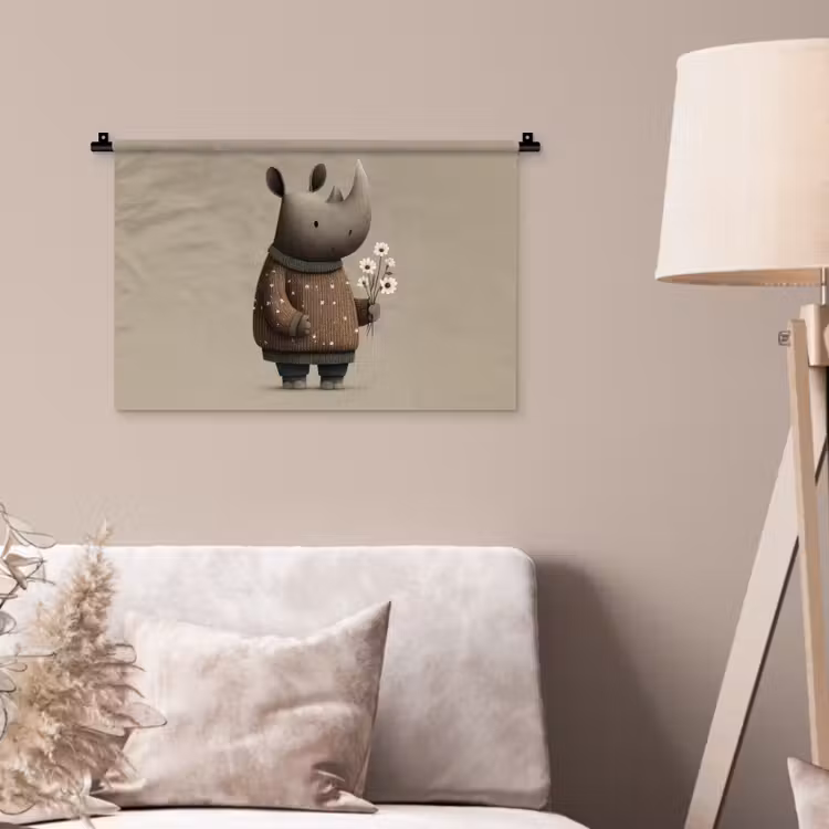 Wandkleed - Neushoorn - Witte bloemen - Lief — 2