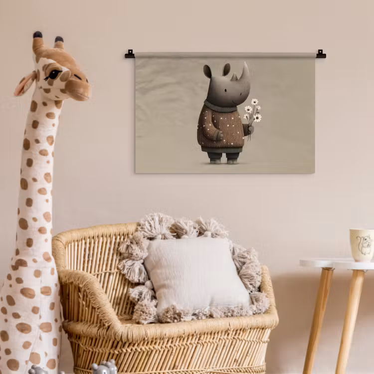 Wandkleed - Neushoorn - Witte bloemen - Lief — 5