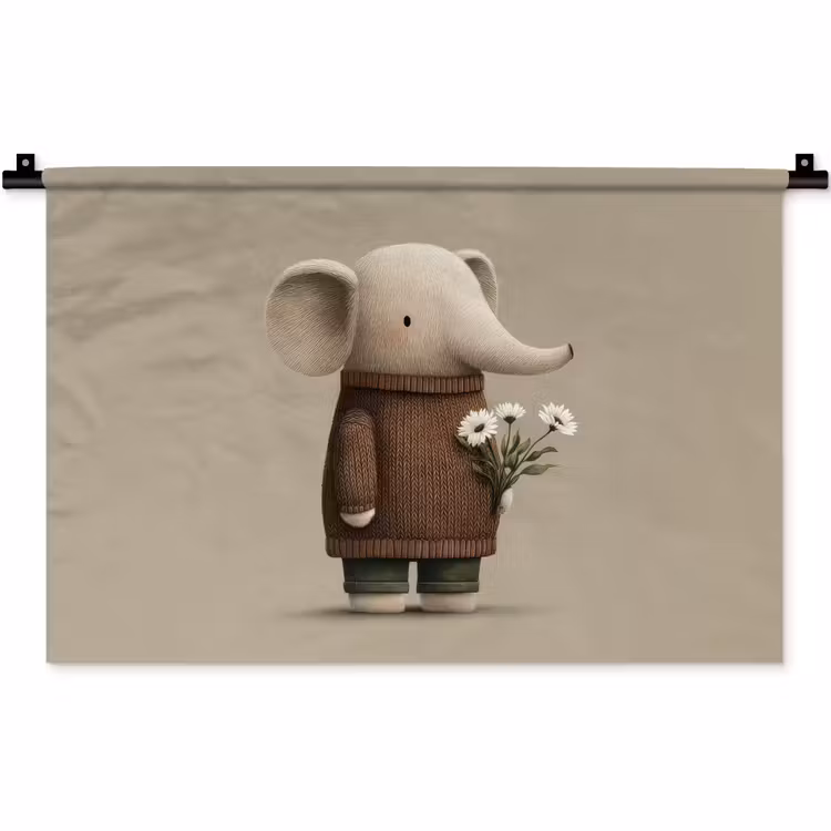 Wandkleed - Olifant - Witte bloemen - Kindvriendelijk — 1