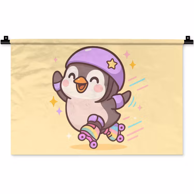 Wandkleed - Pinguïn - Rolschaatsen - Geel - Energiek — 1
