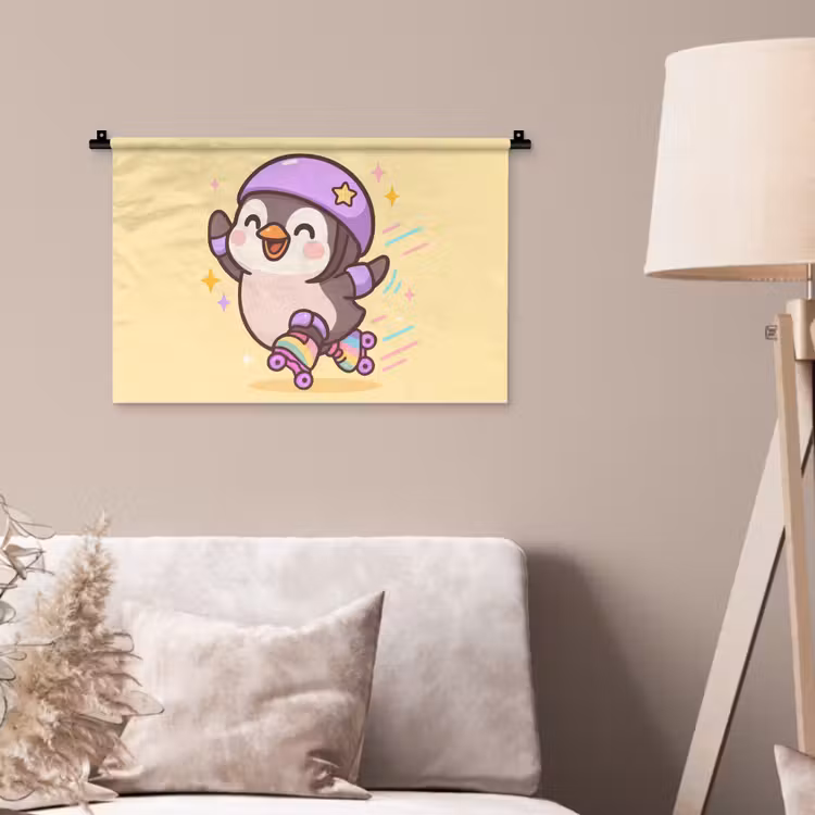 Wandkleed - Pinguïn - Rolschaatsen - Geel - Energiek — 2