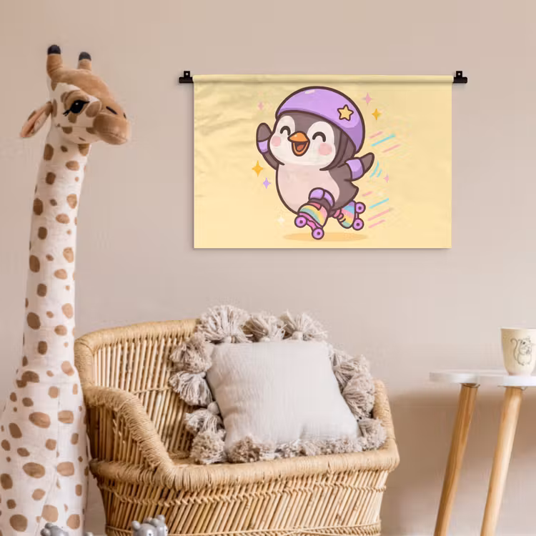 Wandkleed - Pinguïn - Rolschaatsen - Geel - Energiek — 5