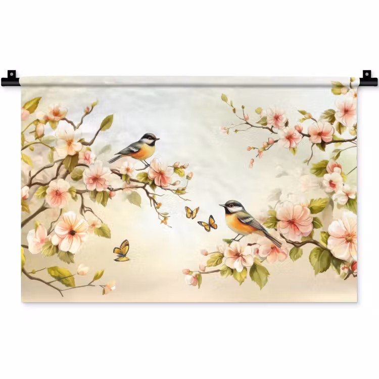 Wandkleed - Takken - Bloemen - Vogeltjes - Roze — 1