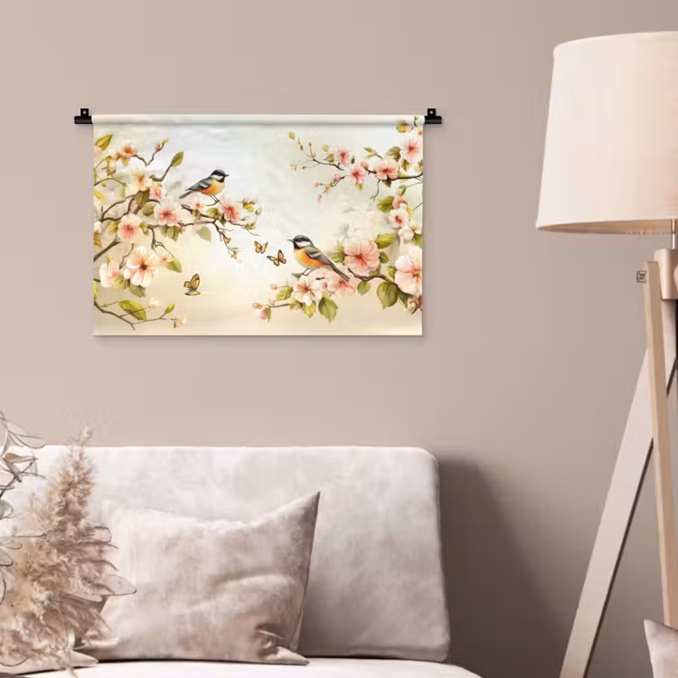 Wandkleed - Takken - Bloemen - Vogeltjes - Roze — 2