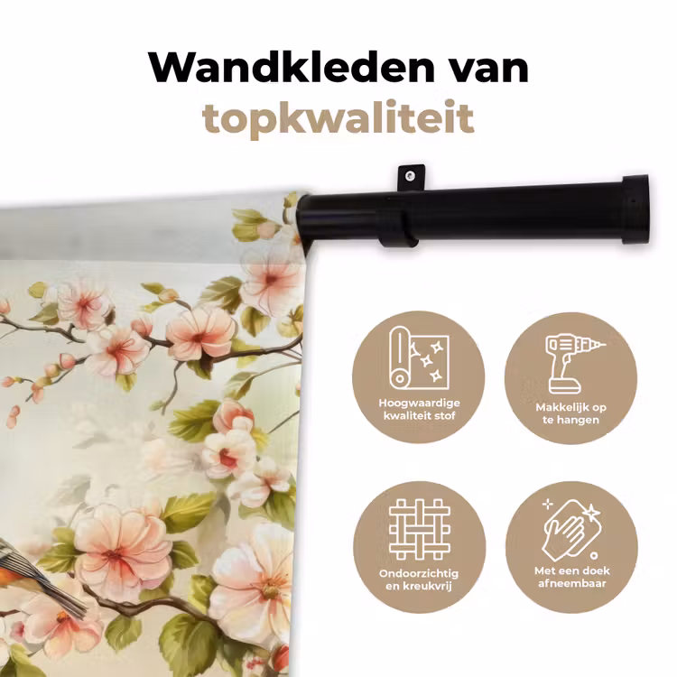Wandkleed - Takken - Bloemen - Vogeltjes - Roze — 3
