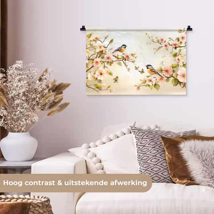 Wandkleed - Takken - Bloemen - Vogeltjes - Roze — 4