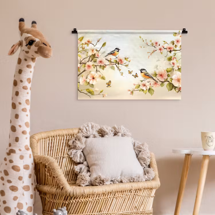 Wandkleed - Takken - Bloemen - Vogeltjes - Roze — 5