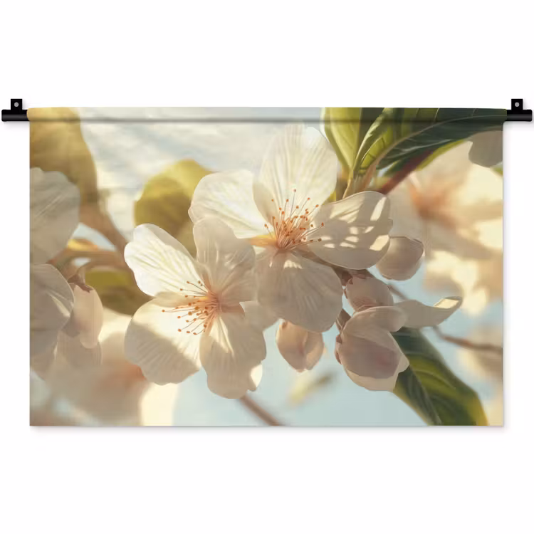 Wandkleed - Bloesems - Wit - Zonnestralen - Bloemblaadjes — 1