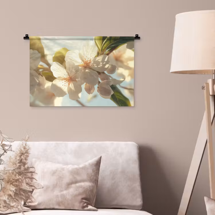 Wandkleed - Bloesems - Wit - Zonnestralen - Bloemblaadjes — 2