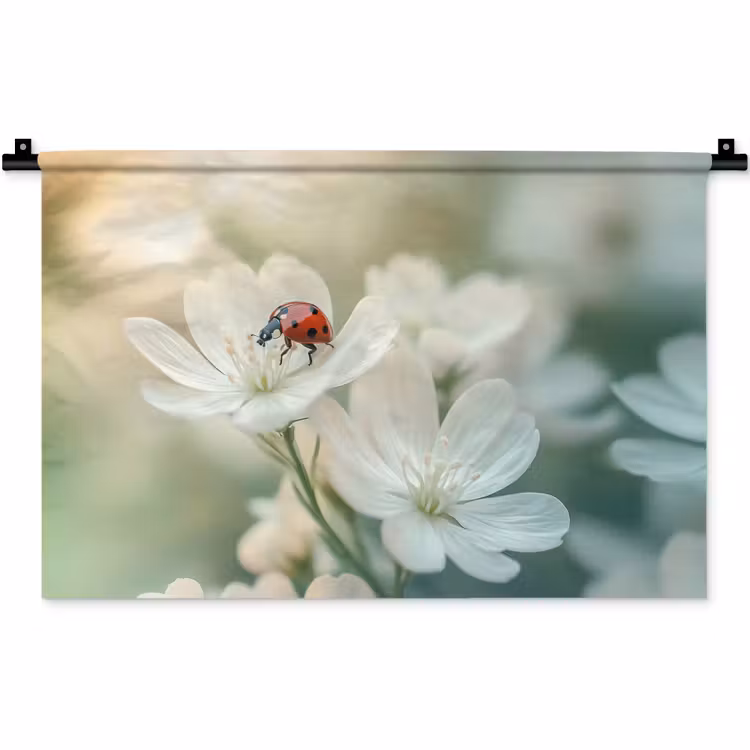 Wandkleed - Lieveheersbeestje - Bloemen - Wit — 1