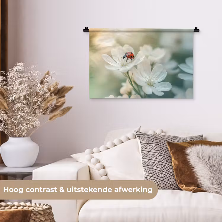 Wandkleed - Lieveheersbeestje - Bloemen - Wit — 4
