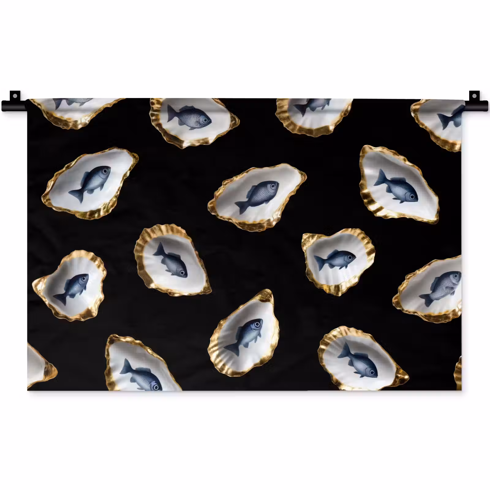 Wandkleed - Oesters - Vissen - Blauw - Goud — 1