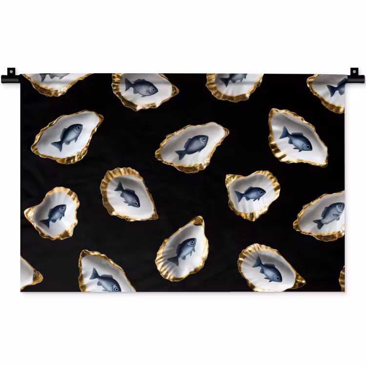Wandkleed - Oesters - Vissen - Blauw - Goud — 1