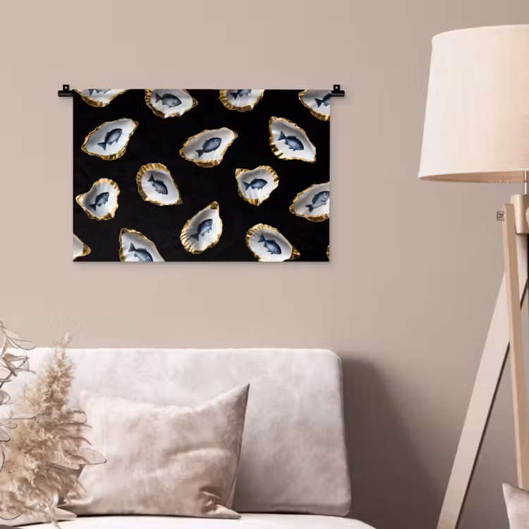 Wandkleed - Oesters - Vissen - Blauw - Goud — 2