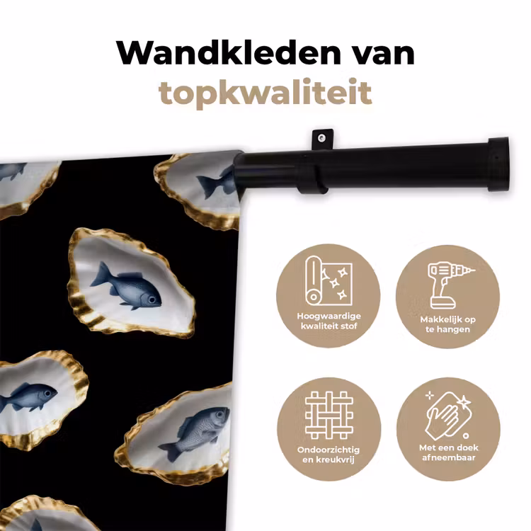 Wandkleed - Oesters - Vissen - Blauw - Goud — 3