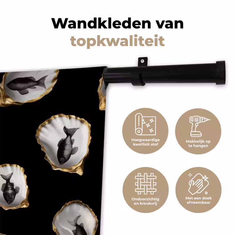 Wandkleed - Oesters - Zwart - Vissen - Goud — 3