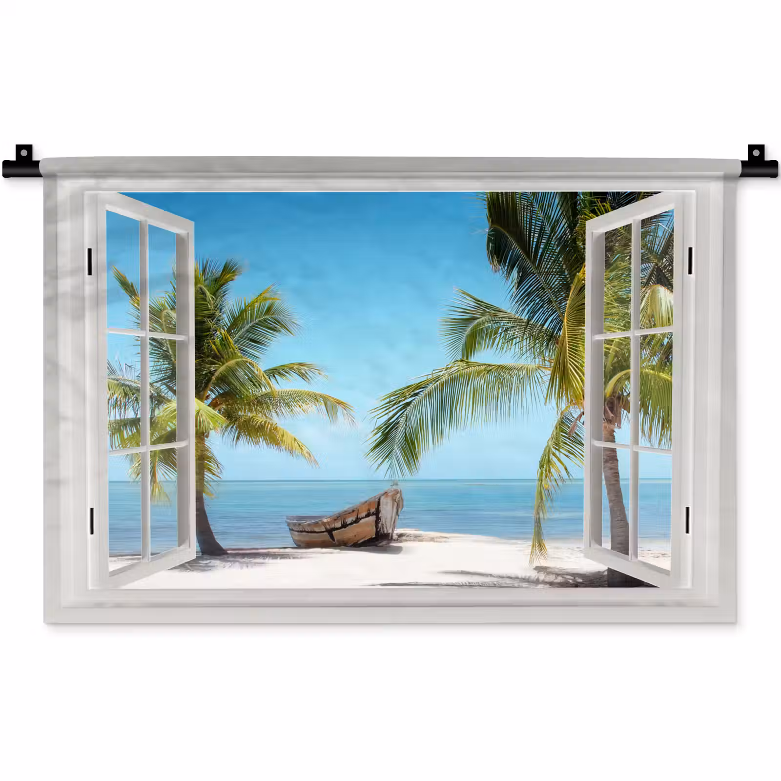 Wandkleed - Doorkijk - Strand - Palmboom - Boot - Tropisch - Zee - Blauw — 1