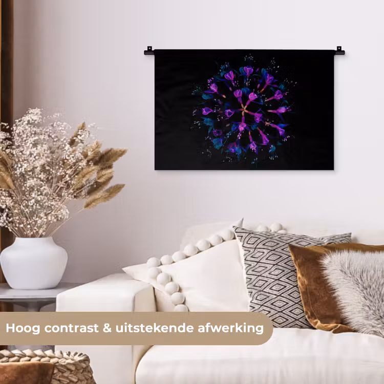 Wandkleed - Bloem - Paars - Blauw - Macro - Zwart — 4
