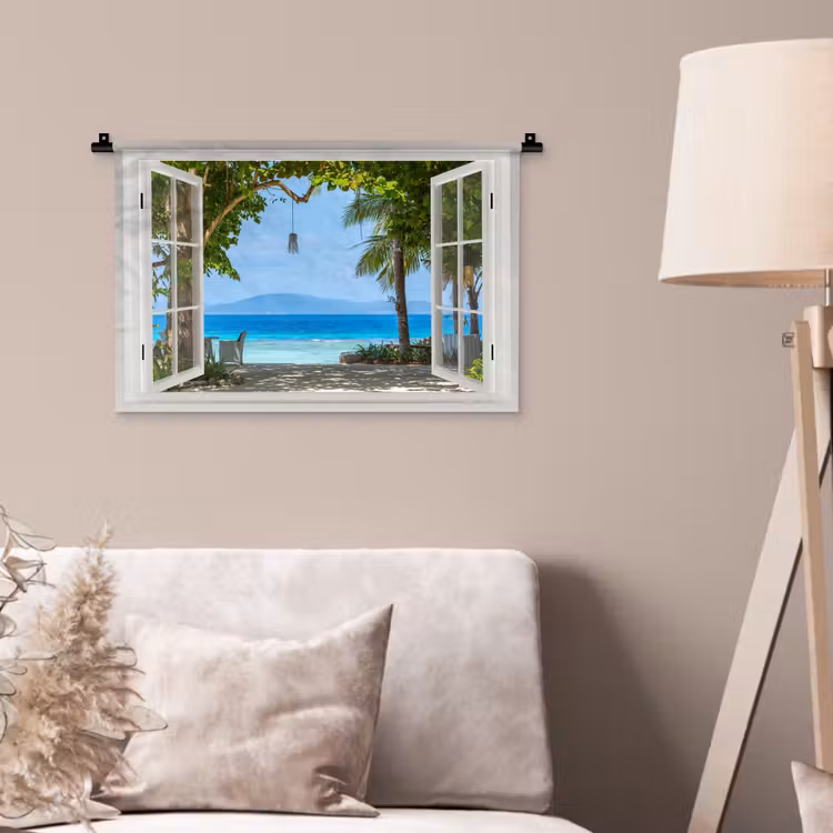 Wandkleed - Doorkijk - Boom - Zee - Palmboom - Heuvels - Strand - Blauw — 2
