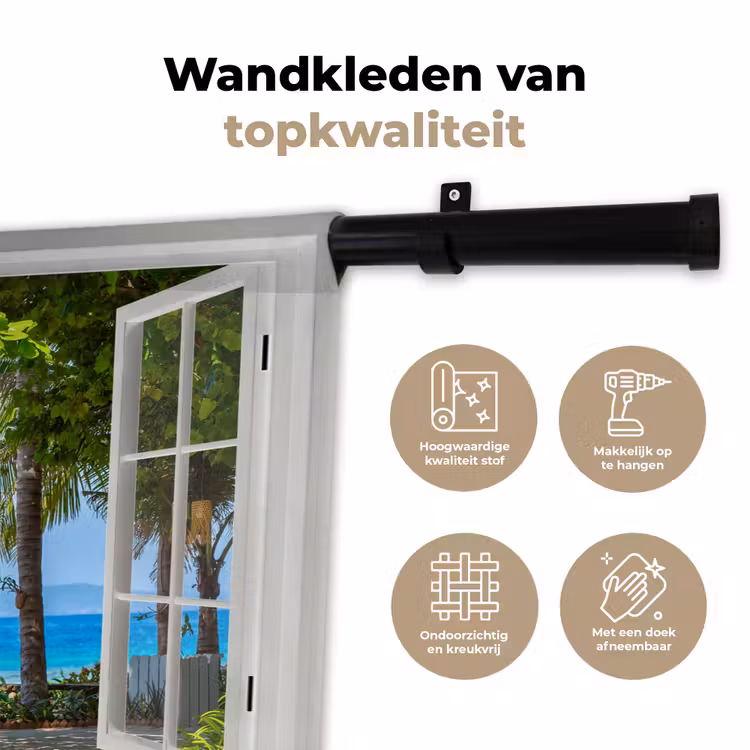 Wandkleed - Doorkijk - Boom - Zee - Palmboom - Heuvels - Strand - Blauw — 3