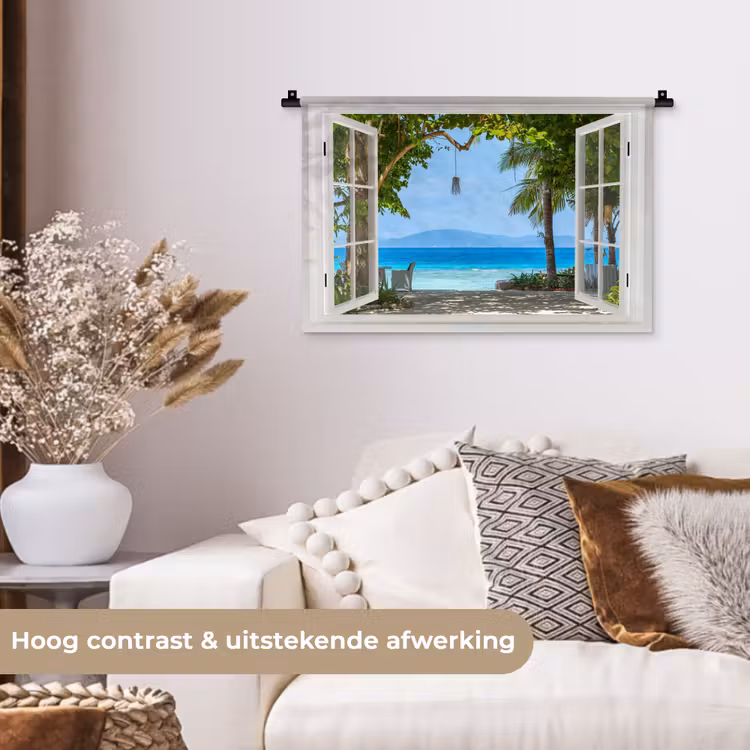Wandkleed - Doorkijk - Boom - Zee - Palmboom - Heuvels - Strand - Blauw — 4
