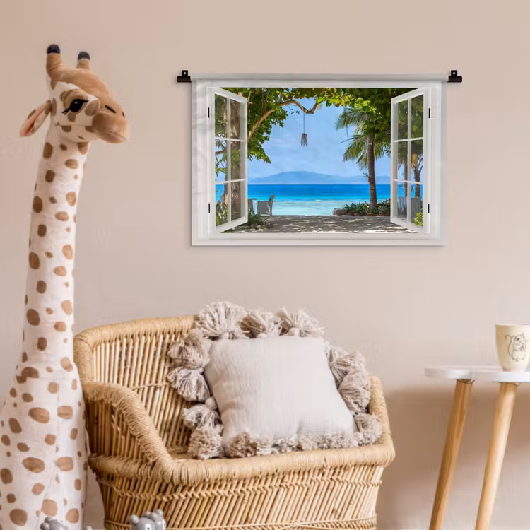 Wandkleed - Doorkijk - Boom - Zee - Palmboom - Heuvels - Strand - Blauw — 5