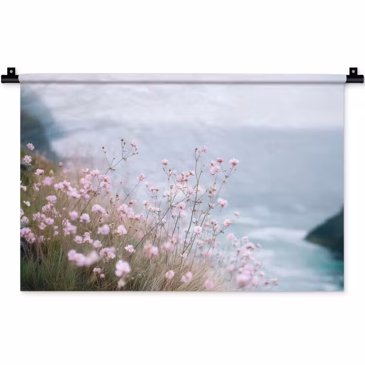 Wandkleed - Klif - Bloemen - Zee - Roze — 1