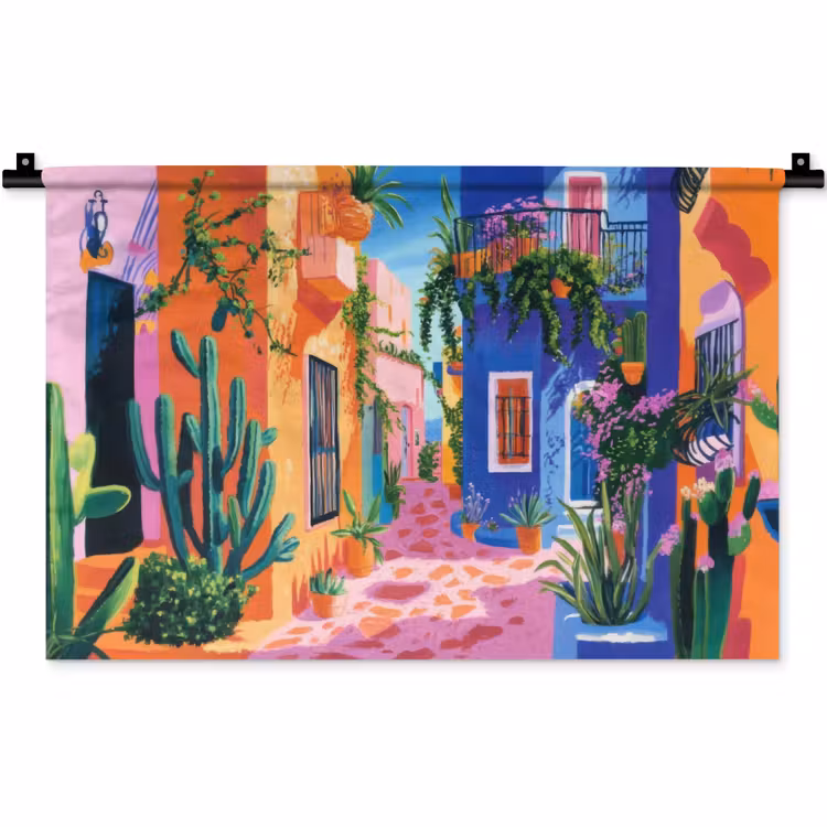 Wandkleed - Geel - Blauw - Oranje - Huis — 1