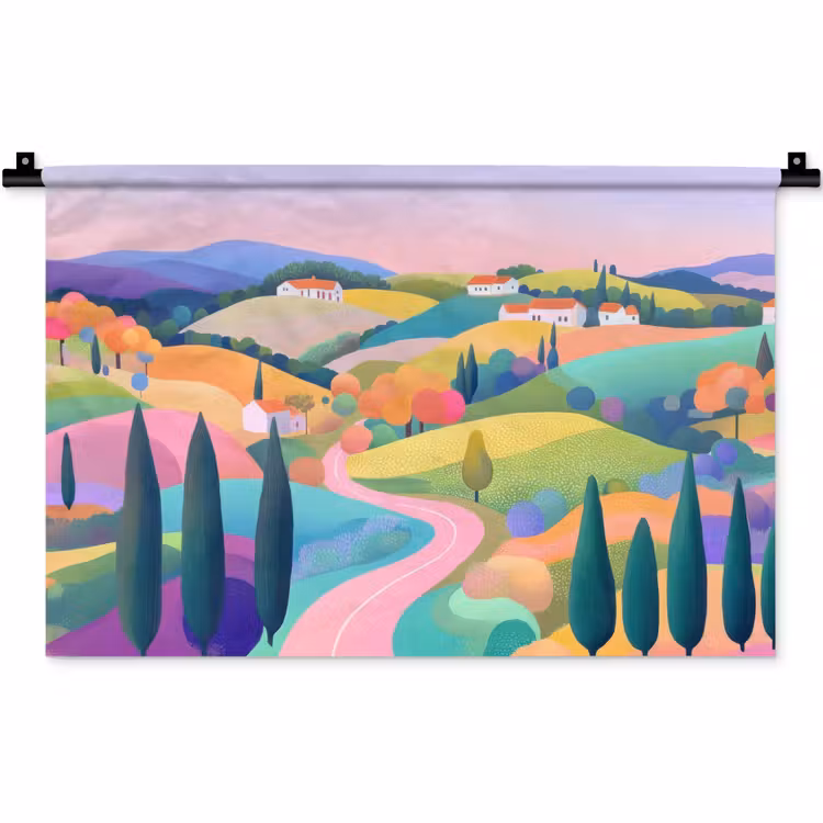 Wandkleed - Landschap - Paars - Pastel - Huizen — 1