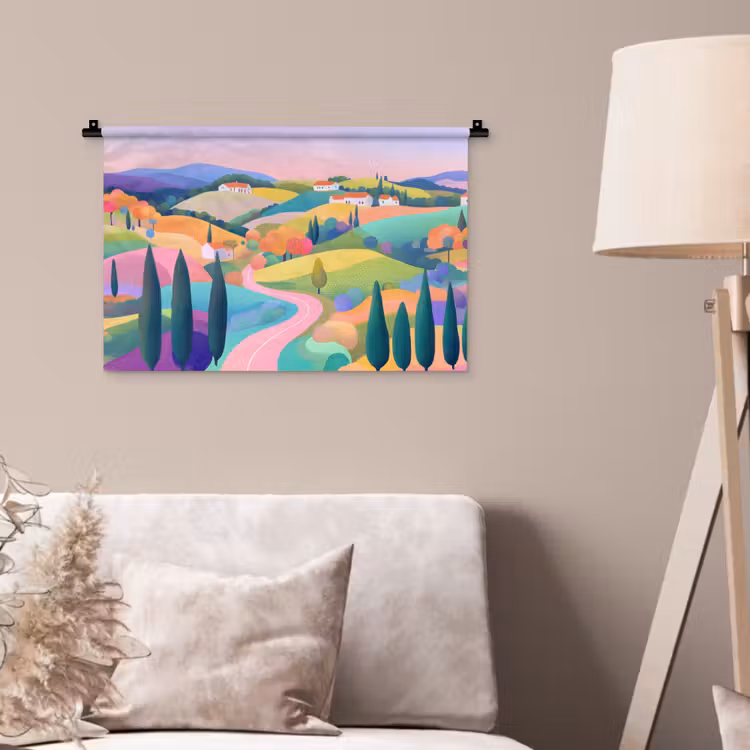 Wandkleed - Landschap - Paars - Pastel - Huizen — 2