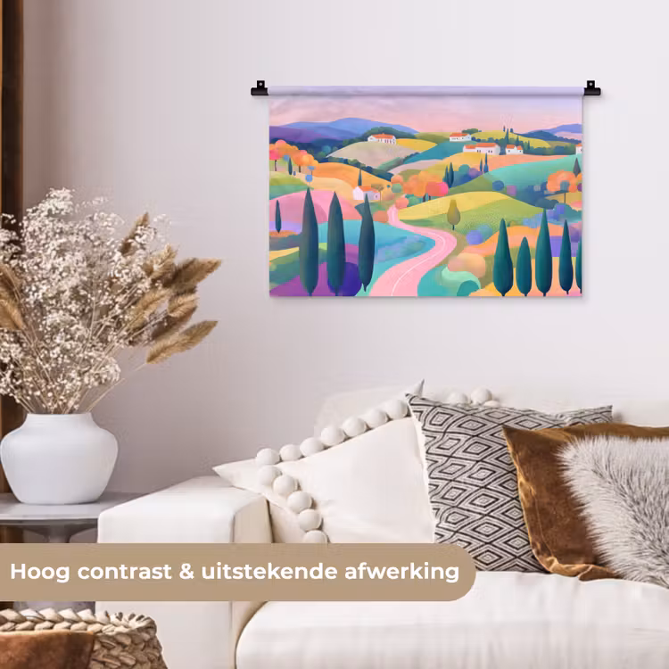 Wandkleed - Landschap - Paars - Pastel - Huizen — 4