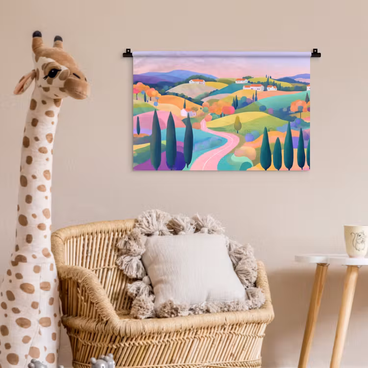 Wandkleed - Landschap - Paars - Pastel - Huizen — 5