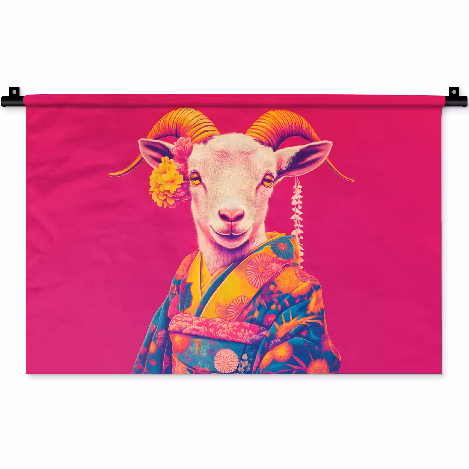 Wandkleed - Geit - Hoorns - Kimono - Kleurrijk — 1