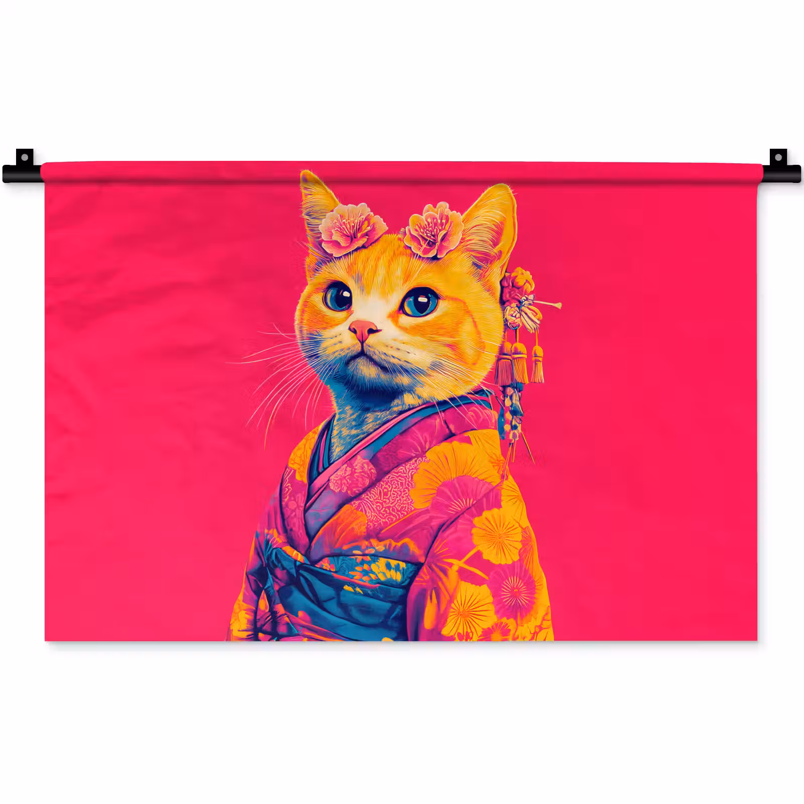 Wandkleed - Kat - Kimono - Bloemen - Roze — 1