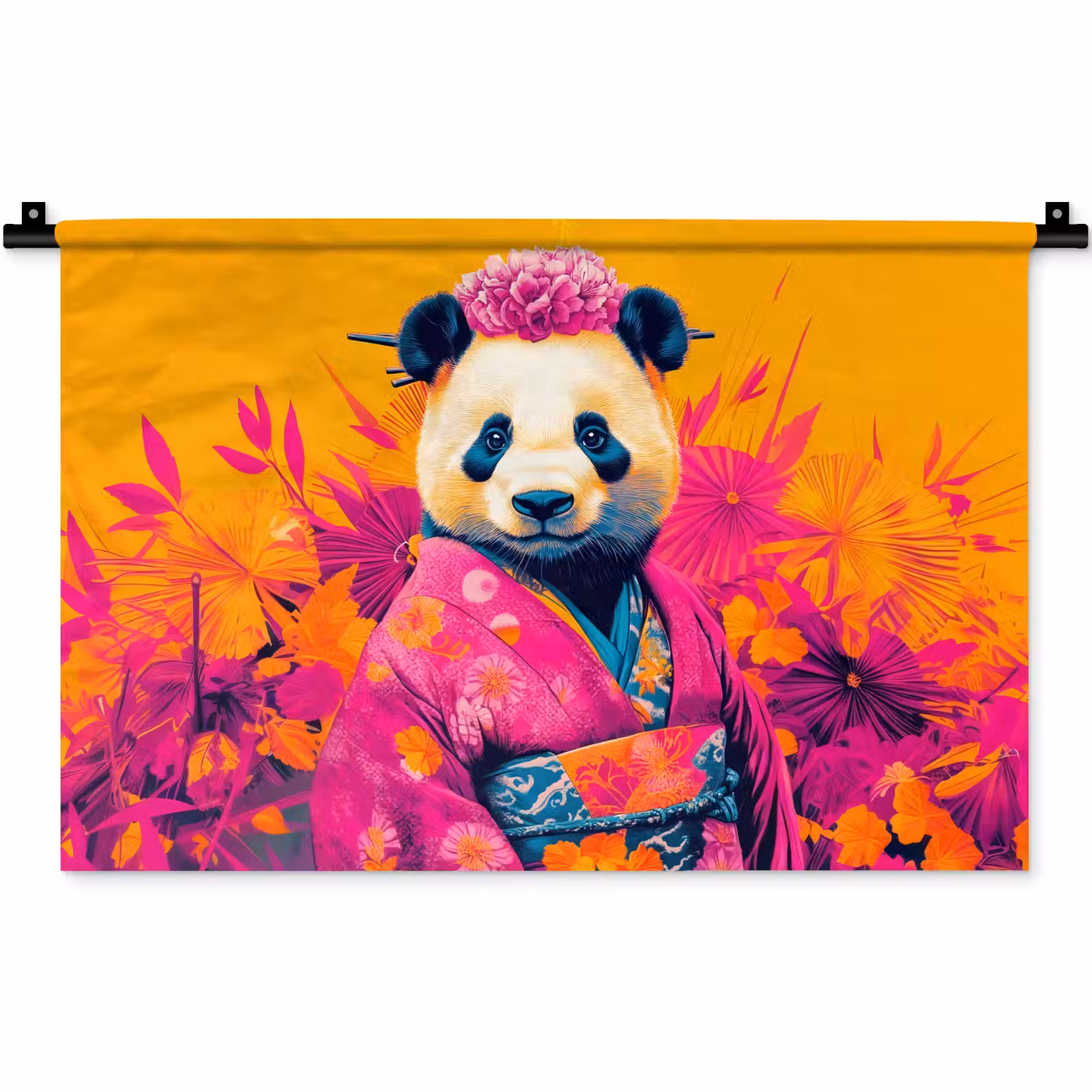 Wandkleed - Kimono - Roze - Panda - Bloemenkroon — 1