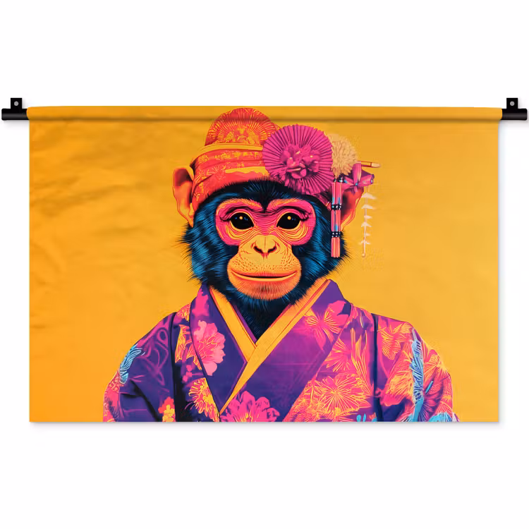 Wandkleed - Aap - Kimono - Bloemen - Hoofdtooi — 1