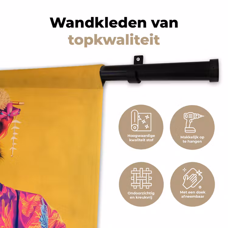 Wandkleed - Aap - Kimono - Bloemen - Hoofdtooi — 3