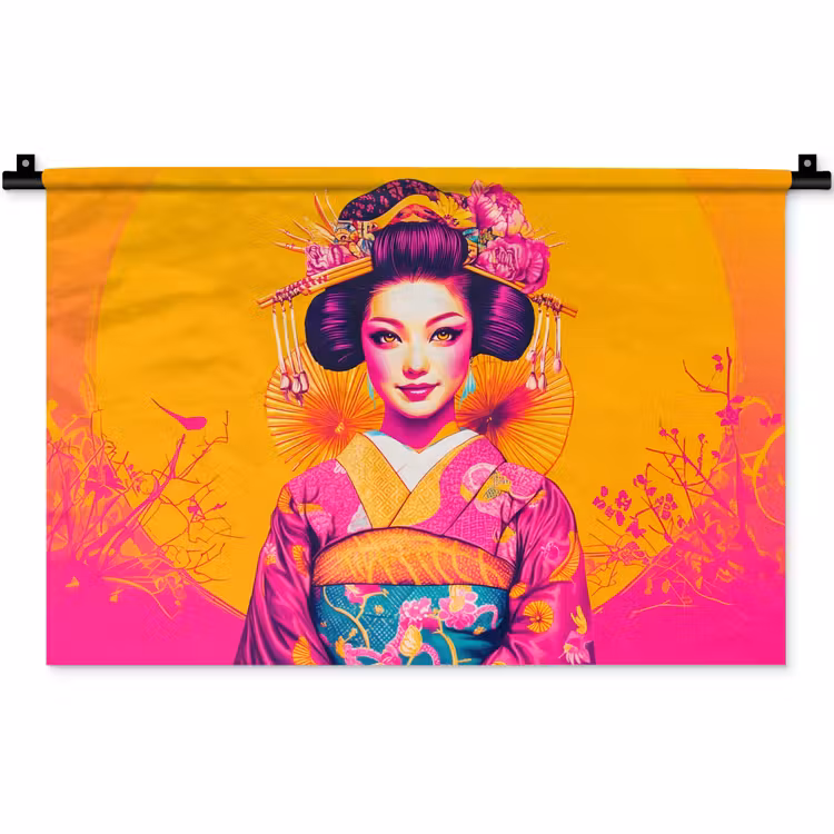 Wandkleed - Bloemen - Vrouw - Kimono - Roze — 1