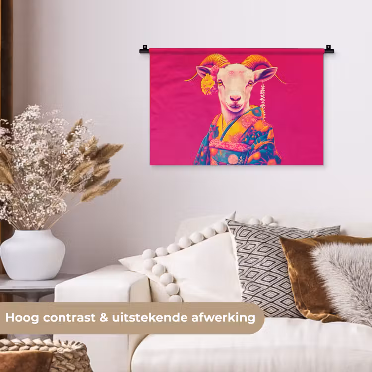 Wandkleed - Geit - Hoorns - Kimono - Kleurrijk — 4