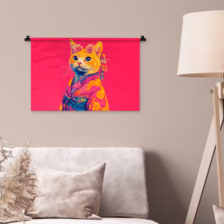 Wandkleed - Kat - Kimono - Bloemen - Roze — 2