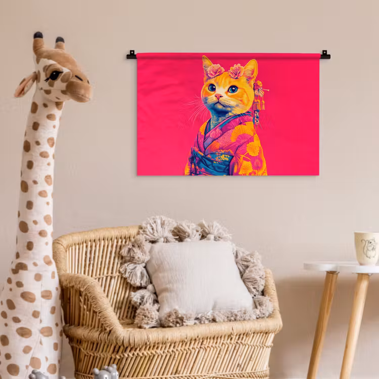 Wandkleed - Kat - Kimono - Bloemen - Roze — 5