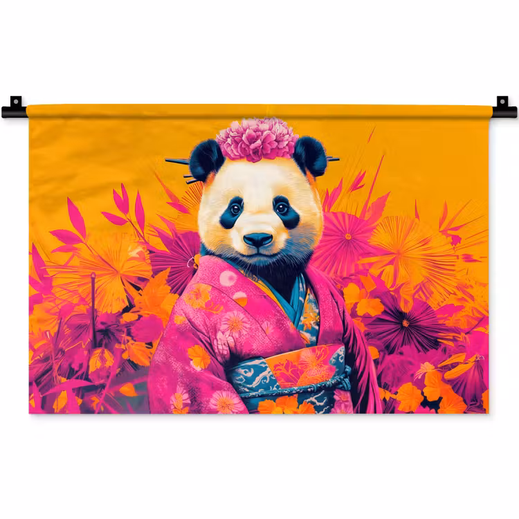 Wandkleed - Kimono - Roze - Panda - Bloemenkroon — 1