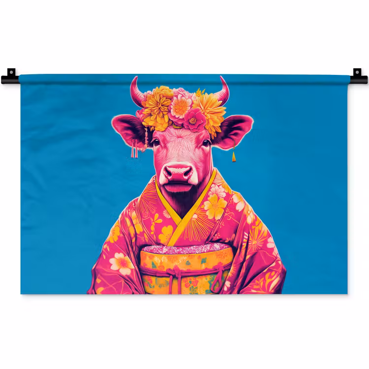 Wandkleed - Koe - Bloemenkrans - Oorhangers - Kimono — 1