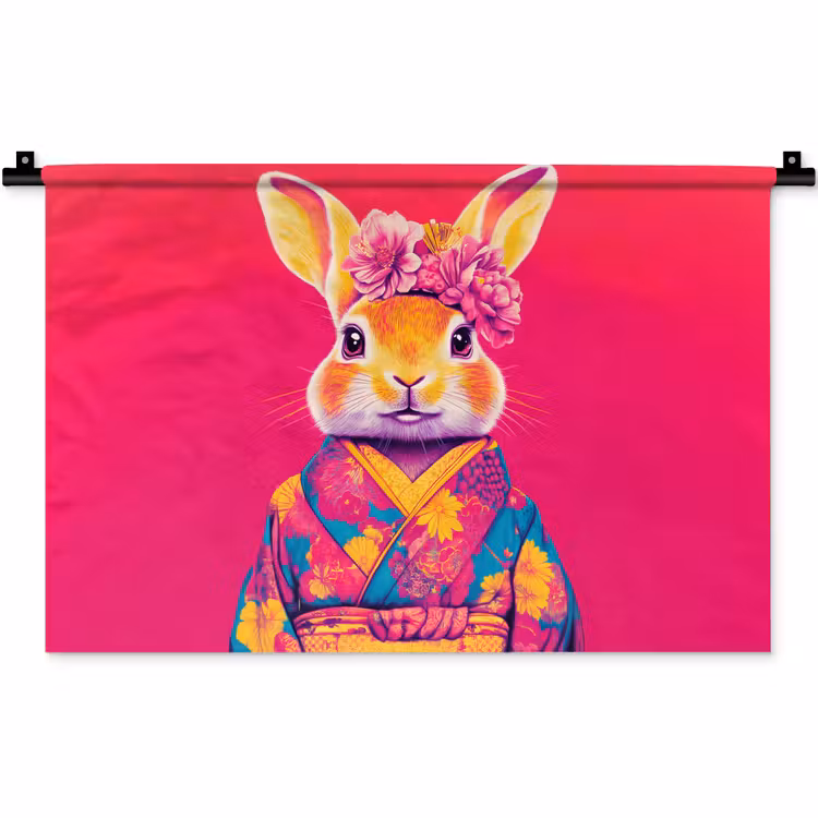 Wandkleed - Konijn - Bloemen - Kleurrijk - Kimono — 1