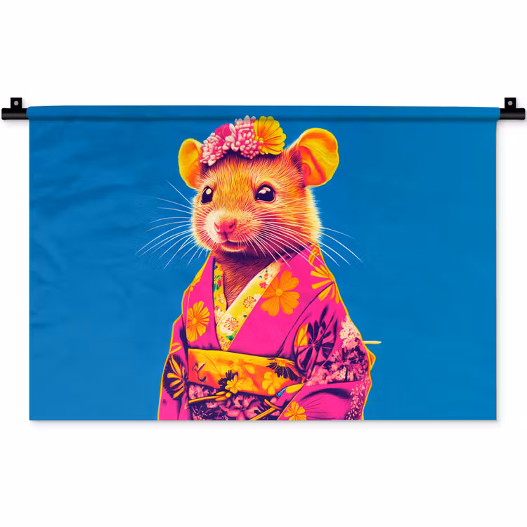 Wandkleed - Muis - Kimono - Bloemen - Blauw — 1