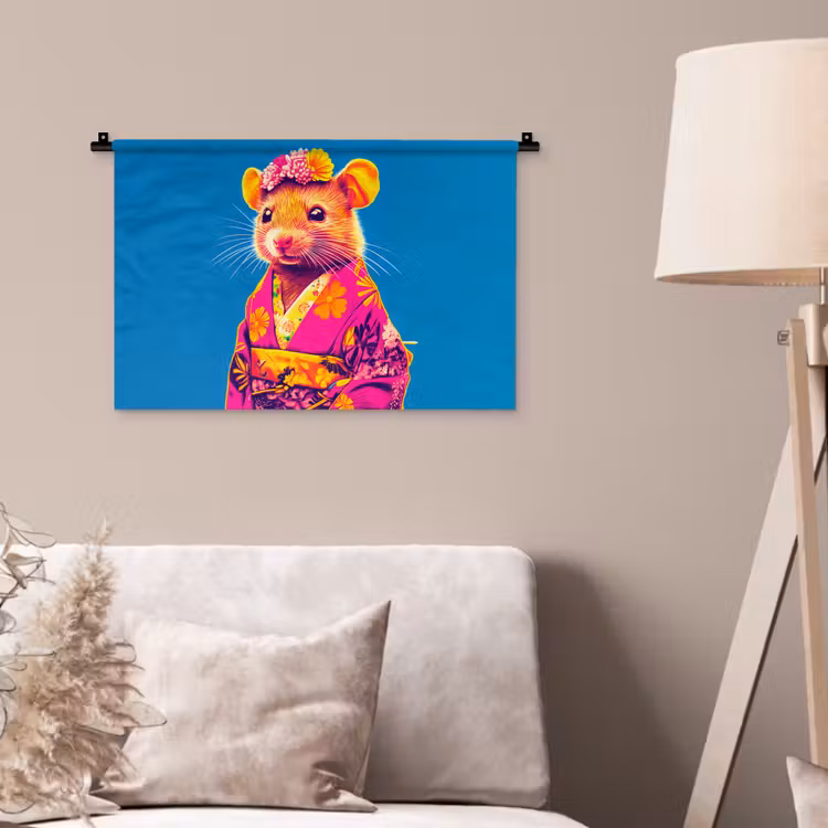 Wandkleed - Muis - Kimono - Bloemen - Blauw — 2