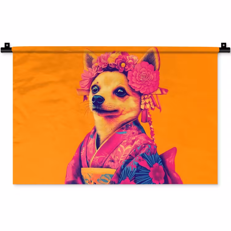 Wandkleed - Kimono - Hondje - Bloemenkroon - Oranje — 1